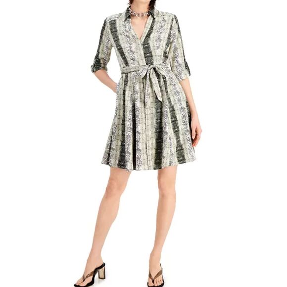 INC Shirt Dress 6 A Line Animal Print Pockets Tan Black Button Up Collared - Picture 1 of 15